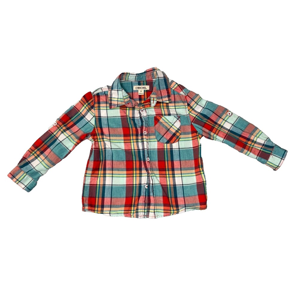Cherokee Toddler Boys Plaid Button Down Shirt Red Teal Orange Size 4T Long Sleev
